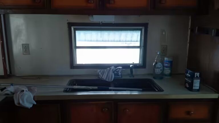 Dark kitchen with a mop resting in the sink under a window, beside Comet cleanser and spray bottle