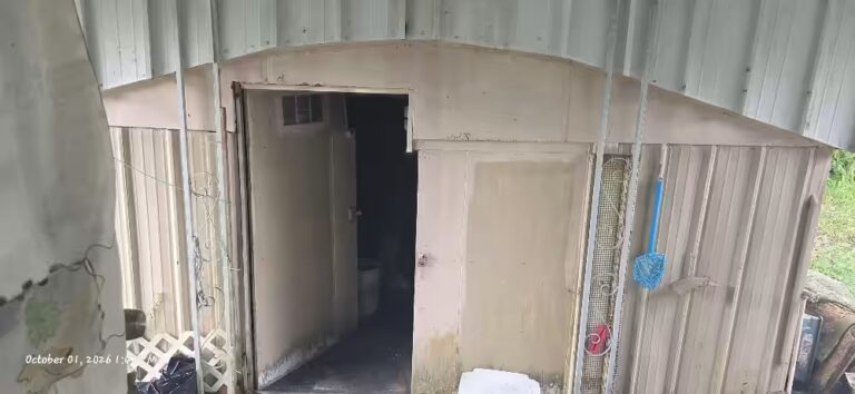 Open door of weathered metal shed revealing dark interior, timestamp October 01, 2026
